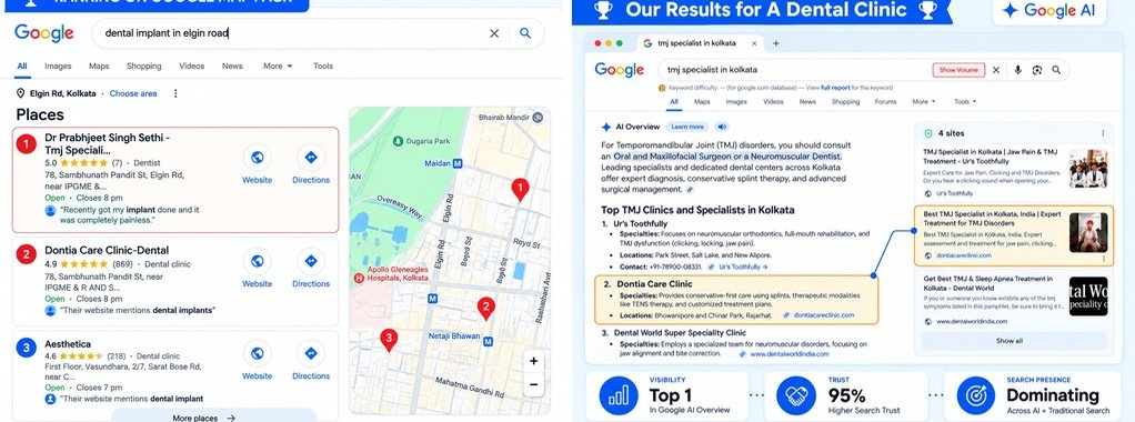 Dontia Care Clinic SEO results: Google Map Pack ranking and AI Overview feature